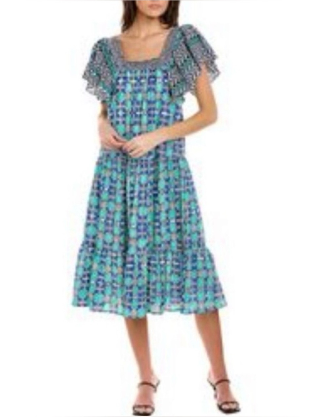 Ro’s Garden Blue & Green Geometric Print Dress – Ruffle Sleeve – Size Small